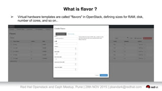 Red Hat Openstack and Ceph Meetup, Pune | 28th NOV 2015 | pbandark@redhat.com
What is flavor ?
➢ Virtual hardware templates are called "flavors" in OpenStack, defining sizes for RAM, disk,
number of cores, and so on..
 
