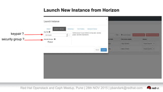 Red Hat Openstack and Ceph Meetup, Pune | 28th NOV 2015 | pbandark@redhat.com
Launch New Instance from Horizon
keypair ?
security group ?
 