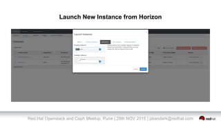 Red Hat Openstack and Ceph Meetup, Pune | 28th NOV 2015 | pbandark@redhat.com
Launch New Instance from Horizon
 