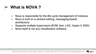 Red Hat Openstack and Ceph Meetup, Pune | 28th NOV 2015 | pbandark@redhat.com
➢ What is NOVA ?
○ Nova is responsible for the life cycle management of instance.
○ Nova is built on a shared-nothing, messaging-based
architecture.
○ Supports multiple hypervisors (KVM, Xen, LXC, Hyper-V, ESX)
○ Nova itself is not any virtualization software.
 