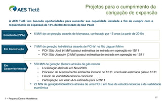 6 MW de co-geração através de biomassa, contratado por 15 anos (a partir de 2010) 7 MW de geração hidrelétrica através de PCHs 1  no Rio Jaguari Mirim PCH São José (4 MW) possui estimativa de entrada em operação no 1S11 PCH São Joaquim (3 MW) possui estimativa de entrada em operação no 1S11 A AES Tietê tem buscado oportunidades para aumentar sua capacidade instalada a fim de cumprir com o requerimento de expansão de 15% dentro do Estado de São Paulo Projetos para o cumprimento da  obrigação de expansão 1 – Pequena Central Hidrelétrica 550 MW de geração térmica através de gás natural Localização definida em Nov/2009 Processo de licenciamento ambiental iniciado no 1S11, conclusão estimada para o 1S11 Estudo de viabilidade técnica concluído Participação em leilão A-5 estimada para o 2S11 22 MW de geração hidrelétrica através de uma PCH, em fase de estudos técnicos e de viabilidade econômica Concluído (PPA) Em Construção Em Desenvolvimento 