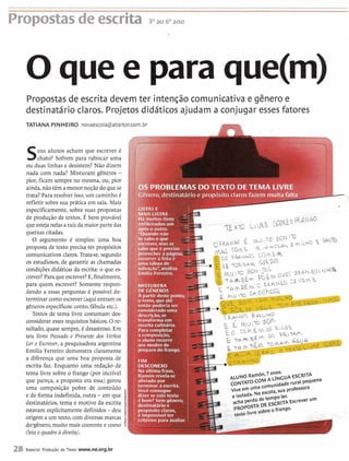 ...................................................................................................................................................................................
Propostasde escrita 3"aoõoano
O que e para que(m)
Propostasde escrita devem ter intenqão comunicativa e gênero e
destinatário claros. Projetos didáticos ajudam a conjugar esses fatores
TATIANA PINHEIR 0 novaescola@atleitor.com.br
ou duas linhas e desistem? Não dizem
nada com nada? Misturam gêneros -
pior, ficam sempre no mesma, ou, pior
ainda, não têm a menor noção do que se
trata? Para resolver isso,um caminho 6
refletir sobre sua prática em sala. Mais
especificamente, sobre suas propostas
de produção de textos. É bem provável
queesteja nelas a raiz damaior parte das
queixas citadas.
O argumento é simples: uma boa
proposta de texto precisa ter propósitos
comunicativos claros. Trata-se, segundo
os estudiosos, de garantir as chamadas
condições didáticas da escrita: o que es-
crever?Para que escrever?E,finalmente,
para quem escrever? Somente respon-
dendo a essas perguntas 6 possivel de-
terminar comoescrever (aquientram os
gênerosespecíficos: conto,fábula etc.).
Textos de tema livre costumam des-
considerar esses requisitos básicos. O re-
sultado, quase sempre,6 desastroso. Em
seu livro Passado e Presente dos .Verbos
Ler e Escrever, a pesquisadora argentina
Emilia Ferreiro demonstra claramente
a diferença que uma boa proposta de
escrita faz. Enquanto uma redação de
tema livre sobre o frango (por incrível
que pareça, a proposta era essa) gerou
uma composição pobre de conteúdo
e de forma indefinida, outra -em que
destinatários,tema e motivo da escrita
estavam explicitamentedefinidos -deu
origem a um texto,com diversasmarcas
doigênero,muito mais coerente e coeso
(leia oquadroà direita).
S PROF! .MAS DO TEXTO DE TEMA LIVRE
'-:~&ênero,r . destinatárioi -0pósitoclarosfazem muita fal
,,a m.ISTAS E
l k
MAIS LISTAS
Há muitos ite-
! enfileirados u
após o outro.
% "Quando não
:se sabe o que a
I, escrever, mas se
,:sabe que é preciso -
preencher a página, -
recorrer a lista é
umatábua de
salvação", analisa
Emilia Ferreiro.
diSTpREBA
DE CENEROS
A partir deste ponto,
o texto, que até
então poderia ser
considerado uma
descrição, se
transforma er
receita culinária.
Para completar
a composição,
o aluno recorre
aos modos de
preparo do frz i.
FIM
DESCONEXO
Na última f r a ~ -
Ramón revela
aliviado por
terminar a escrita
Você consegue
dizer se este texto
é bom? Sem gênero, i
destinatárioe
propósito claros, i
é impossível ter i
ritérios para aval^
ALUNO ~ a m 6 n ,7 anos.
COM A LINGUA EsCRm
vive emumacomunidade Vrai Pequena
e is0iada. Na ~ s c o  ~ ,sua P~~~~~~~~
acha perda de tempo ler*
pR~pOSTADE ESCRITAEscrever um
. texmlivre sobre 0frango.
28 Especial Produgèo de Texto www.ne.org.br
 
