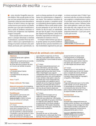 Propostasdeescrita 3Oaoboano
ecomo abordar Geografia nesse pro-
jeto didático. Nãose podeperderdevista
que umbom projeto deve levar o aluno
a aprender coisasque antesdesconhecia.
Trata-se de fazê-lo colocar em jogo seus
conhecimentos para resolver umdelafio,
perceber que o que sabe é insuficiente e,
com a ajuda do professor, encontrar ca-
minhos para reorganizar suas hipóteses
e seguir avançando.
Outro pecadomuito comumnospro-
jetos é a atenção demasiada ?ichamada
"culminância", o produto final das ativi-
dades. A ideia é que a apresentaçãoou a
entrega do projeto concluam umacami-
'nhada permeada pelo aprendizado, na
qual as crianças partiram de um estágio
menor de conhecimento e chegaram a
um maior. "Em nenhum momento da
execução do projeto, o propósito social
e aculminânciadevemsuperar os objeti-
vos didáticos. Nãose pode perder noites
de sono pensando no que servir de lan-
chinho n o dia do sarau o u matutando
em que tipo de papel olivro de poesias
das crianças será impresso", alerta Silvia
Carvalho, especialistaem Educaçãoe co-
ordenadora do InstitutoAvisa Lá.
E Csempre válido lembrar quenãova-
le apostar apenasnos projetos didáticos.
Apesar de bons, é precisomesclá-losaou-
tras modalidades organizativas paraque
os alunos escrevam mais. O ideal é que
escrevamtodo dia, em todas assituações
que surgireme complementem o proje-
to principal: tomar nota em situação de
estudo, escrever cartas e bilhetes, traba-
lhar outros gêneros e assim por diante.
E mtodas elas, vale a regra de ouro: você
deve deixar bem claro para a turma as
perguntas essenciais -o quê, para quem
e para quê escrever. [J
i-
:Beatriz Couveia,
j biagouveia@uol.com.br
:SilviaCarvalho, siivia@avisala.org.br I
Ob)etlu#
iFamiliarizar-secom o gCnero
expositivo.
iAprender procedimentos de revisão.
Reconheceras caracterlsticas
de fichas técnicase produzi-las para
um mural a ser exibido na escola.
-iProduçãotextual (textos
informativos).
r Procedimentosde pesquisa.
Revisão.
lkapo Três meses.
rmrdrbEnciclopédias
e revistas de informação,tesoura, cola,
cartolina, canetinhase papéis.
I Para trabalhar com alunos com
i deficiência auditiva, acesse
i www.ne.org.br e digite na busca
i mural de animais em extinção.
i-
i 81aetapa
I Iniciecompartilhando com? turma
como será o produto final. E o
i momento de dividir com os alunos o
que o desafio é organizar, em fichas
técnicas, o que sabem sobre o assunto
para apresentar 2 comunidade da escola
e As famflias.
m 2' etapa
Paraque os estudantesescrevam um
texto informativo, precisamantes
se familiarizar com ele. Aborde esse
aspecto pedindo que eles levem livros,
fotos e reportagens quejulguem
interessantessobre animais em extinção.
Amplie esse acervo com enciclopédias,
livros, revistas e sites sobre o assunto,
cuidando para incluir fichas técnicas,
pois elas serão uma referência para o
trabalho da turma. Organize situações
de leitura, conversandosobre como o
texto 6 escrito, qual tipo de informação
ele traz, de que modo os dados são
descritose quais os termos mais usados.
8 3"etapa
Depois da familiarização com os
materiais, é hora de se debruçar
sobre eles para selecionar informações.
Divida a garotada em grupos e distribua
os materiais para pesquisa. Aborde
procedimentos como busca, seleçãoe
anotação das informações relevantes,
rediscutindo-os ate que o resultadoda
pesquisaseja satisfatório.
de escrita tanto em grupo como
individualmente. A comparação
e a referência a bons exemplosde
fichas técnicas, assimcomo o retorno
aos textos para recuperar e ampliar
as informações são sempre Úteis.
iSa etapa
Organize uma ou mais sessões de
revisão-coletivaque sirvam de modelo
para a atuação dos alunos. Destaque
todos os aspectos que podem ser
revisados:organizaçãoda linguagem,
ortografia e informações.
i6' etapa
Traga exemplos para que aturma saiba
como montar um mural. Alerte para
a necessidadede ilustração,de tftulo
e do tamanho das letras das fichas
para a leitura, tendo sempre em vista
as especificidadesdo público.
-tliul
Mural de fichas técnicas.
-Durante todo o desenvolvimento do iprojeto, avalie, nasfalas e nas produções i
das crianças, se elas conseguiram obter i
informações corretase suficientes em i
tabelas e esquemas, transpondo-as
adequadamentepara o mural.
i que vão aprender, a razão de estudar i4" etapa
o conteúdo, o quevão produzir e para Momento de usar as informdções Consultoria BEATRIZCOUVEIA e
DÉBORARANA(deborarana@ajato.
i quem vão apresentar. NOcaso do levantadas para a elaboração das fichas com,br),formadorasdo instituto
i hural de animais em extinção, conte I técnicas. Para isso, preveja situações I Avisa Li,em São Paulo, SI?
 
