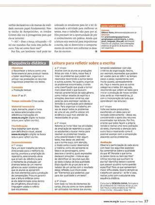 verbos declarativos e de marcas da orali- colocado os estudantes para ler e ter di- mimniaimnmr............,....,.:
dade exercem papel fundamental. Nes- recionado a atividade para melhorar os .
ic.rut.
te trecho de Rumpelstichen, os Irmãos textos, mas o trabalho não para por ai. : D6boraRana, deborarana~ajato,com,br
Grimmdão voz à protagonista para que Elesprecisam ter a oportunidade de pôr wmnet
i Em practicaslenguajeprimaria.
ela se lamente: 0 conhecimento em prática. Ainda que :goog1epages.com/primaria-i-cicio-
"- Ah! -disse a moça, soluçando. -O a leitura sejaessencialpara impulsionar
rei me mandou fiar toda esta palha de a escrita, não se desenvolve o comporta-
ouro. Não sei como fazer isso!" mentode escritor sem enfrentar os desa-
Por fim, um lembrete: você pode ter fios do escrever.
iOb)CtDYg
i iReconhecera leitura como uma
i fonte essencial para produzir textos.
i i Saber reconhecer, organizar e
i utilizar nas produçõesos recursos
i lingufsticos presentes nos textos.
C#r#bo
iProduçãotextual.
Tcnp- Cinco aulas.
Madainecesdrlo
Lápis, borracha, papel e livros
ou textos selecionados como
referência (indicaçõesem
www.ne.org.br: digite na busca:
leitura para refletir escrita).
i-
i Paratrabalhar com alunos
com deficiência visual, acesse
i www.ne.org.br e digite na busca
i leitura para refletir escrita.
i-
: ilaetapa
i Para um bom trabalho da leitura
i direcionada para a melhoria da
escrita, promova a ampliação do
i repertório, selecionandoobras
i que sirvam de referência para
i o momento da produção. Ler
I diversostextos de um mesmo
i gênero ou autor colabora para
i que os alunos se apropriem
i de mais elementos para a produção
i de composições. Procure garantir
i que a leitura enfatize como
i se diz determinada coisa dentro
i de um gênero, discutindo a
linguagem usada e o efeito
i que ela provoca.
o2' etapa
Analise com os alunos as produções
feitas por eles. A ideia, nessa fase, é
listar os problemasque podem ser
resolvidos recorrendo a outros textos
e outros autores. No quadro, organize
os problemasencontrados, criando
uma classificação que ajude a tornar
mais observável o que buscam:
marcascaracterlsticasde cada gênero,
como indicar estadosde espfrito e
emoções, descrevercenários, usar
palavras para expressar rapidez ou
lentidão e a pontuação para destacar
falas. Para organizar o trabalho, em
vez de atacar todos os problemas
de uma só vez, prefira colocar em
evidência o que mais atender 2s
necessidadesdo grupo.
i3aetapa
Retomeos livros lidos nas atividades
de ampliação,de repertórioe ajude
os estudantesa buscar meios para
resolveros problemas tistados.
Uma possibilidade 6 reler algum
texto, masdessa vez pedindo
que aturma ouça, com atenção,
o modo como o autor desenvolve
a história: como ele apresenta os
fatos e os personagens, como
descreve o cenário, quais expressões
destacam emoções-trata-se aqui
de identificar os recursos que dão
ao texto o status de boa qualidade.
Eleja alguem do grupo para ser o
redator de um cartaz com o resultado
dessa reflexão, cujo tftulo pode
ser "Elementos que podemos usar
para dar qualidade a um texto'!
i4' etapa
Com base na lista de elementos do
cartaz, discuta como os itens podem
ser utilizados nos textos dos alunos,
tentando estabelecercom eles
criterios de organização.Redna,
por exemplo, expressõesque podem
ser usadas para se referir ao tempo:
passoa passo, rapidamente, com
muita cautela, apressadamente
etc. Faça o mesmo para as outras
categoriascriadas. Em seguida,
recomendeque voltem ao texto para
iniciar a produção de novasversões
(elas serão as inermediárias, já
com a incorporação de tudo que
aprenderam nas leituras).
isaetapa
Volte aos textos produzidos,
escolhendo um deles para ser
revisadocoletivamente -dessa vez,
considerando o apoio dos recursos
encontrados nas leituras. Por fim,
oriente que todos façam a própria
revisãoe realize uma nova avaliação
do texto, chamando a atenção para
outro foco e mostrando como é
possfvel avançar com a composição
atacandooutros problemas.
-Observe a participação de cada aluno
com base nos seguintesaspectos:
faz comentáriossobre a qualidade
do que lê?Percebe o que torna
os textos claros ou bem escritos?
Utiliza recursos que auxiliam na
escrita?Identifica textos e autores
que possam ajudá-lo numa questão
especffica?Paraos que apresentam
maior dificuldade, recorrasempre ao
trabalho em parceria-se for o caso,
realizejunto com o estudante esta
sequênciadidática.
ConsultoriaDÉBORA RANA, formadora
de professoresdo InstitutoAvisa Ld, em
São Paulo, eselecionadora do Prêmio
Victor Civita- Educador Nota 10.
www.ne.org.br Especlal Produ~ãode Texto 37
 