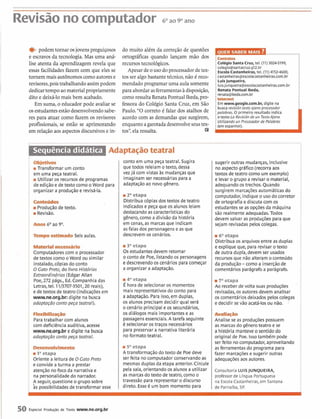 ..................................................................................................................................................................................
Revisão nocomputador ó0m90ano
epodemtomar osjovens preguiçosos
e escravos da tecnologia. Mas uma aná-
lise atenta da aprendizagem revela que
essas facilidades fazem com que eles se
tomemmaisautônomoscomo autorese
revisores, poistrabalhando assimpodem
dedicar tempo ao materialpropriamente
dito e deixá-lo mais bem acabado.
Em suma, o educador pode avaliar se
os estudantesestão desenvolvendosabe-
res para atuar como fazem os revisores
profissionais, se estão se aprimorando
em relação aos aspectosdiscursivose in-
do muito alem da correção de questões
ortográficas quando lançam mão dos
recursostecnológicos.
Apesar de o usodoprocessadorde tex-
tos ser algo bastantetécnico, não 4 reco-
mendado programar uma aula somente
paraabordaras ferramentashdisposição,
comoressaltaRenataPontualIkeda,pro-
fessora do Coldgio Santa Cruz, em São
Paulo."O correto é falar dos atalhos de
acordo com as demandas que surgirem,
enquantoagarotadadesenvolveseustex-
tos", ela ressalta. 8
i-
:Colegio Santa Cruz, tel. (11) 3024-5199,
i colegio@santacruz.glZ.br
:Escola Castanheiras,tel. (11) 4152-4600,
i castanheiras@escolacastanheiras.com.br
i LuisJunqueira,
:luis.junqueira@escolacastanheiras.com.br
i Renata Pontual Ikeda,
renata@ikeda.com.br
:-
I Emwww.goog~e.com.br,digite na
I busca revisióntextoajeno pracesador
:palabras. O primeiro resultado indica
i o texto La Revisidn de un TextoAjeno
: Utilizando un Procesador de Palabras
iobjauua
i iTransformar um conto
': em uma peça teatral.
i iUtilizar os recursosde programas
de ediçãoe de texto como o Word para
i organizar a produção e revisá-la.
irr-ilrilru
I iProdução de texto.
i iRevisão.
i Anos 6O ao 9O.
aiClrilsSeis aulas.
i m r w r r i k .
i Computadorescom o processador
i de textos como o Word ou similar
i instalado, cópias do conto
i O Cato Preto, do livro Histbrias
i Extraordinárias(Edgar Allan
i Poe1272págs., Ed.Companhiadas
i Letras, tel. 1113707-3501,20 reais),
i e de textos de teatro (indicações em
i www.ne.org.br: digite na busca
i adaptação conto peça teatral).
i-
: Paratrabalhar com alunos
i com deficiência auditiva, acesse
i www.ne.org.br edigite na busca
adaptação contopeça teatral.
iOl##Mnenao
: i l aetapa
i Orientea leitura de O Cato Preto
I e convide aturma a prestar
i atenção no foco da narrativae
i na personalidadedo narrador.
i A seguir, questioneo grupo sobre. ,
as possibilidadesde transformar esse
conto em uma peça teatral. Sugira
quetodos releiam o texto, dessa
vez já com vistas 2s mudançasque
imaginam ser necessáriaspara a
adaptaçãoao novogênero.
2=etapa
Distribuacópias dos textos de teatro
indicadose peça que os alunos leiam
destacandoas caracterlsticasdo
gênero, como adivisãoda história
em cenas, as marcasque indicam
as falas dos personagense as que
descrevem os cenários.
i3' etapa
Os estudantesdevem retomar
oconto de Poe, listandoos personagens
e descrevendoos cenários para começar
aorganizar a adaptação.
i4' etapa
É horade selecionaros momentos
mais representativosdo conto para
a adaptação. Para issol em duplas,
os alunos precisamdecidir qual será
o cenário principal e os secundários,
os diálogos mais importantese as
passagensessenciais.A tarefa seguinte
6 seiecionaros traços necessários
para preservara narrativa literária
noformatoteatral.
m 5' etapa
A transformaçãodo texto de Poe deve
ser feita no computadorconservando as
mesmasduplas da etapa anterior. Circule
pela sala, orientandoos alunos a utilizar
as marcasdo texto de teatro, como o
travessão para representaro discurso
direto. Esse 6 um bom momento para
sugerir outras mudanças, inclusive
no aspectográfico (recorra aos
textos de teatro como um exemplo)
e levaro grupo a revisaro material,
adequando os trechos. Quando
surgirem marcaçõesautomáticas do
computador, indiqueo uso do corretor
de ortografia e discuta com os
estudantes se as opções da máquina
são realmenteadequadas. Todos
devem salvar as produçõespara que
sejam revisadaspeloscolegas.
i6' etapa
Distribuaos arquivos entre as duplas
e explique que, para revisar o texto
de outra dupla, devem ser usados
recursosque não alteramo conteúdo
da produção-como a inserçãode
comentários parágrafo a parágrafo.
m ;laetapa
Ao receber de volta suas produções
revisadas, os autores devem analisar
os comentáriosdeixados peloscolegas
edecidir se vão acatá-losou não. ,
A#lbFlo
Analise se as produçõespossuem
as marcasdo gêneroteatro e se
a história manteveo sentido do
original de Poe. Issotamb6m pode
ser feito no computador, aproveitando
as ferramentas do programa para
fazer marcaçõese sugerir outras
adequaçõesaos autores.
ConsultoriaLUISJUNQUEIRA,
professorde Lfngua Portuguesa
na EscolaCastanheiras,em Santana
de Parnafba,SF!
50 Especial Produgáo de Texto www.ne.org.br
 
