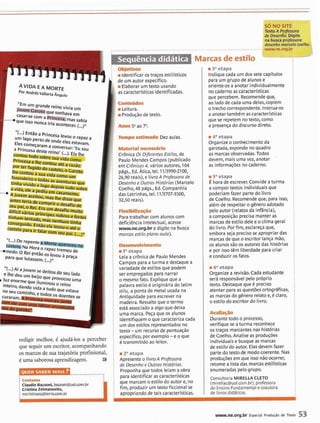 i iIdentificar os traços estilisticos
k de um autor especffico.
A VIDA EA MORTE iElaborar um texto usando
'Or AndresVallartaftngulo as caracterlsticas identificadas.
'r(...) Entãoa Princesa levou0 rapaza
um lago Pertode onde eles esgvam,
Elescomeçaram a conversar: #EUsou
a Princesadeste reinoJ(...) -
lhe
-B
I
-
"(...I De repente
Hora o rapaztremeu de
"*medo- 0 Reientão OS levo" h pra,-a
Paraque lutassem.(...)"
"(...)Aia jovem se deitou do ,,Iado
e lhe deu um beijo que provocouuma
! ~ zenormeque iluminou0 reino
inteiro, dandovida a tudo que esQva
noseu caminho, e todos os doentesse
curaram.
I
-.
-iLeitura.
rProdução de texto.
m c r l t r i r l o Dez aulas.
~~
Cr8nica Os DíferentesEstilos,de
Paulo Mendes Campos(publicado
em Crônicas4, vários autores, 104
págs., Ed.Ática, tel. 1113990-2100,
26,90 reais), e IivroA Professora de
Desenho e Outras Histdrias(Marcelo
Coelho,48 págs., Ed.Companhia
das Letrinhas, tel. 11f3707-3500,
32,50 reais).
i para trabalhãr com alunos com
i deficiência intelectual, acesse
i www.ne.org.br e digite na busca
marcas estiloplano aula).
-ilaetapa
Leia a cr8nica de Paulo Mendes
Campos para aturma e destaque a
variedade de estilos que podem
ser empregados para narrar
o mesmofato. Expliqueque a
palavraestilo 6originária do latim
srilu, a ponta de metal usada na
Antiguidade para escrever na
madeira. Ressalteque o termo
está associadoa algo que deixa
uma marca. Peça que os alunos
identifiquem o que caracteriza cada
um dos estilos representados no
texto - um recursode pontuação
redigir melhor,6 ajudá-los a perceber ! por -e que
i é transmitido ao leitor.
que seguir um escritor, acompanhando :
os marcos de sua trajetória profissional, i i2' etapa
4 uma saborosaaprendizagem. .(J i Apresenteo livroA Professora
i de Desenho e Outras Histdrias.
: Pro~onhaaue todos leiam a obra) QUER SABER M A I S ? 1
Marcasdeestilo
i3aetapa
Indique cada um dos sete capftulos
para um grupo de alunos e
oriente-os a anotar individualmente
no caderno as caracterlsticas
que percebem. Recomendeque,
ao lado de cada uma delas, copiem
o trecho correspondente. Instrua-os
a anotar também as caracterlsticas
que se repetem no texto, como
a presença do discurso direto.
i4' etapa
Organize o conhecimento da
garotada, expondo no quadro
as marcasobservadas. Todos
devem, mais uma vez, anotar
'
as informações no caderno.
DSa etapa
Ehora de escrever. Convide aturma i
a compor textos individuais que
poderiamfazer parte do livro
de Coelho. Recomendeque, para isso,
além de respeitar o gênero adotado i
pelo autor (relatos da infância),
a composiçãoprecisa manter as
marcasde estilo dele e o clima geral i
do livro. Porfim, esclareça que,
embora seja precisose apropriar das i
marcasde que o escritor lança mão, i
os alunos são os autoresdas histórias i
e por issotêm liberdade para criar i
e conduzir os fatos.
i etapa
Organize a revisão. Cada estudante iserá responsável pelo próprio
texto. Destaqueque é preciso
atentar para as questõesortográficas, I
as marcas do gênero relato e, é claro, i
o estilo do escritor do livro.
wDurantetodo o processo,
verifique se aturma reconhece
os traços marcantesnas histórias
de coelho. Analise as produções findividuais e busque as marcas
de estilo do autor. Elasdevem fazer
parte do texto de modo coerente. Nas
produçõesem que isso não ocorrer, i
retome a lista das marcasestillsticas i
enumeradas elo armo.. - .....................: para identikcar as caracterlsticas
i- ConsultoriaMIRELLACLETOque marcam o estilo do autor e, no
t
i ClaudioBazzoni, bauoni@uol.corn.br (mirellac@uol.com.br), professora
fim, produzir um texto ficcional sei CristinaZelrnanovitz, do Ensino Fundamentale coautora
: rncristinasz@terra.com.br apropriando de tais caracterfsticas. de livrosdidáticos.
wwinr.ne.org.br Especial Produgão de Texto 53
 