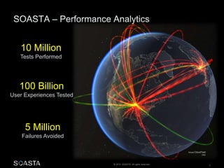 © 2014 SOASTA. All rights reserved. 3
100 Billion
User Experiences Tested
10 Million
Tests Performed
5 Million
Failures Avoided
Actual CloudTest
view
 