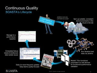 © 2014 SOASTA. All rights reserved. 30
Run iterative load
tests via Jenkins
Daily (or more frequent) updates
keep teams quality focused
Embedded failure
details & bottleneck
data isolate issues
Manage to a
performance
baseline
Mobile? Run functional
automation on real devices
for functional & performance
validation
Spin up suitable, consistent
test environments in the
cloud or the lab
Jenkins runs any
unit tests as usual
 