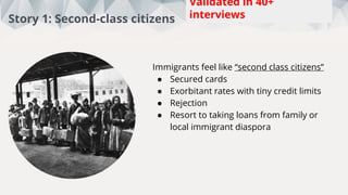 Immigrants feel like “second class citizens”
● Secured cards
● Exorbitant rates with tiny credit limits
● Rejection
● Resort to taking loans from family or
local immigrant diaspora
This week:
5
Total:
88
Interviews
Story 1: Second-class citizens
Validated in 40+
interviews
 