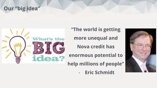 This week:
5
Total:
88
Interviews
“The world is getting
more unequal and
Nova credit has
enormous potential to
help millions of people”
- Eric Schmidt
Our “big idea”
 