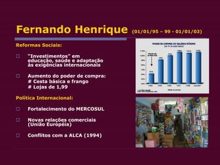 Fernando Henrique (01/01/95 – 99 - 01/01/03)
Reformas Sociais:
 “Investimentos” em
educação, saúde e adaptação
às exigências internacionais
 Aumento do poder de compra:
# Cesta básica e frango
# Lojas de 1,99
Política Internacional:
 Fortalecimento do MERCOSUL
 Novas relações comerciais
(União Européia)
 Conflitos com a ALCA (1994)
 