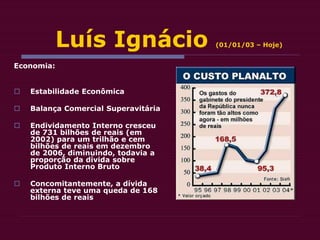Luís Ignácio (01/01/03 – Hoje)
Economia:
 Estabilidade Econômica
 Balança Comercial Superavitária
 Endividamento Interno cresceu
de 731 bilhões de reais (em
2002) para um trilhão e cem
bilhões de reais em dezembro
de 2006, diminuindo, todavia a
proporção da dívida sobre
Produto Interno Bruto
 Concomitantemente, a dívida
externa teve uma queda de 168
bilhões de reais
 