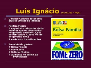 Luís Ignácio (01/01/03 – Hoje)
 O Banco Central: autonomia
prática (metas de inflação)
 Política Fiscal:
# superávits primários ainda
maiores que os observados
no governo anterior (4,5%
do PIB contra 4,25% no fim
do governo FHC)
# cortes em investimentos
 Aumento de gastos:
# Bolsa Família
# Fome Zero
# Salário-Mínimo
# Aumento no déficit da
Previdência
 