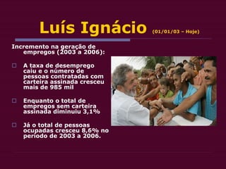 Luís Ignácio (01/01/03 – Hoje)
Incremento na geração de
empregos (2003 a 2006):
 A taxa de desemprego
caiu e o número de
pessoas contratadas com
carteira assinada cresceu
mais de 985 mil
 Enquanto o total de
empregos sem carteira
assinada diminuiu 3,1%
 Já o total de pessoas
ocupadas cresceu 8,6% no
período de 2003 a 2006.
 