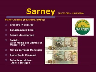 Sarney (15/03/85 – 15/03/90)
Plano Cruzado (Fevereiro/1986):
 Cr$1000  Cz$1,00
 Congelamento Geral
 Seguro-desemprego
 Salário:
valor médio dos últimos 06
meses + 8%
 Fim da Correção Monetária
 Aumento do Consumo
 Falta de produtos:
Ágio + Inflação
 