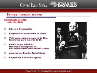 Constituição de 1988
(05/10/1988)
 Liberal e Democrática
 Eleições diretas em todos os níveis
 Voto universal para maiores de 18 e
facultativo para maiores de 16
 Plebiscito para decidir:
Monarquia ou República e
Parlamentarismo ou Presidencialismo
 Avanços nos Direitos Trabalhistas
 Empecilhos a Reforma Agrária
Sarney (15/03/85 – 15/03/90)
 