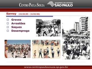  Greves
 Arrastões
 Saques
 Desemprego
Sarney (15/03/85 – 15/03/90)
 