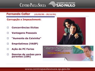 Corrupção e Impeachment:
 Concorrências ilícitas
 Vantagens Pessoais
 “Aumento da Caixinha”
 Empréstimos (VASP)
 Ação de PC Farias
 Desvios de verbas para
parentes (LBA)
Fernando Collor (15/03/90 – 29/12/92)
 