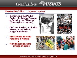  Denúncias de Pedro
Collor, Eriberto França
e Sandra de Oliveira
(Operação Uruguai)
 CPI: PC Farias, Cláudio
Vieira, Ana Acioli,
Jorge Bandeira
 Presidente manda
recados a Nação
X
 Manifestações pro
impeachment
Fernando Collor (15/03/90 – 29/12/92)
 