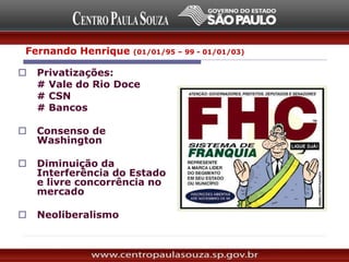 Fernando Henrique (01/01/95 – 99 - 01/01/03)
 Privatizações:
# Vale do Rio Doce
# CSN
# Bancos
 Consenso de
Washington
 Diminuição da
Interferência do Estado
e livre concorrência no
mercado
 Neoliberalismo
 
