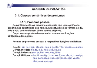 CLASSES DE PALAVRAS

      3.1. Classes semânticas de pronomes

          3.1.1. Pronome pessoal
     Semanticamente, os pronomes pessoais não têm significado
próprio, são substitutos dos nomes. Exceptuam-se as formas eu, tu,
nós e vós, que funcionam como nomes próprios.
     Os pronomes podem desempenhar as mesmas funções
sintácticas dos nomes.

    Formas do pronome pessoal e respectivas funções sintácticas:

    Sujeito: eu, tu, você, ele, ela, nós, a gente, vós, vocês, eles, elas
    Compl. Directo: me, te, o, a, nos, vos, os, as
    Compl. Indirecto: me, te, lhe, nos, vos, lhes
    Compl. Oblíquo: mim, ti, contigo, com você, ele, ela, si, consigo,
                        nós, connosco, vós, convosco, com vocês,
                        eles, elas, consigo
 
