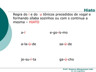 Profª. Rosaura Albuquerque Leão
Dr. em Linguística
Regra do i e do u tônicos precedidos de vogal e
formando sílaba sozinhos ou com s continua a
mesma – HIATO
a-í e-go-ís-mo
a-la-ú-de sa-ú-de
je-su-í-ta ga-ú-cho
Hiato
 