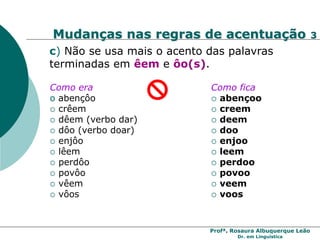 Profª. Rosaura Albuquerque Leão
Dr. em Linguística
c) Não se usa mais o acento das palavras
terminadas em êem e ôo(s).
Como era
o abençôo
 crêem
 dêem (verbo dar)
 dôo (verbo doar)
 enjôo
 lêem
 perdôo
 povôo
 vêem
 vôos
Como fica
 abençoo
 creem
 deem
 doo
 enjoo
 leem
 perdoo
 povoo
 veem
 voos
Mudanças nas regras de acentuação 3
 