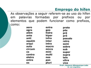 Profª. Rosaura Albuquerque Leão
Dr. em Linguística
Emprego do hífen
As observações a seguir referem-se ao uso do hífen
em palavras formadas por prefixos ou por
elementos que podem funcionar como prefixos,
como:
aero
agro
além
ante
anti
aquém
arqui
auto
circum
co
contra
eletro
entre
ex
extra
geo
hidro
hiper
infra
inter
intra
macro
micro
mini
multi
neo
pan
pluri
proto
pós
pré
pró
pseudo
retro
semi
sobre
sub
super
supra
tele
ultra
vice
 