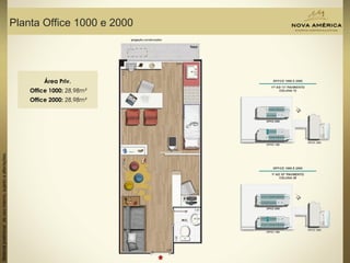 Materialpreliminardeusointerno,sujeitoaalterações.
Planta Office 1000 e 2000
Área Priv.
Office 1000: 28,98m²
Office 2000: 28,98m²
 