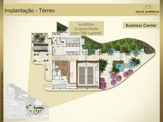 Materialpreliminardeusointerno,sujeitoaalterações.
Implantação - Térreo
Business CenterAuditório
(capacidade
para 208 lugares)
 