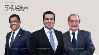 UM TIME QUE
TRABALHA PELOS
SEUS SONHOS.
ARTHUR LULOIAN
VP Administrativo
ARNALDO PEIXOTO
VP de Franquias
EDUARDO FRAYHA
VP de Vendas
A MELHOR EMPRESA21
 