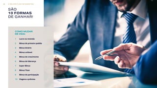 SÃO
10 FORMAS
DE GANHAR!
1	 Lucro na revenda
2	 Bônus de primeiro pedido
3	 Bônus binário
4	 Bônus unilevel
5	 Bônus de crescimento
6	 Bônus de liderança
7	 Super Bônus
8	 Bônus Titan
9	 Bônus de participação
10	 Viagens e prêmios
COMO MUDAR
DE VIDA:
O MELHOR PLANO DE MARKETING26
 