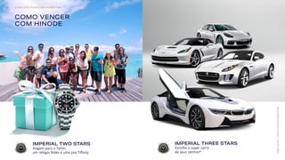 COMO VENCER
COM HINODE
IMPERIAL TWO STARS
Viagem para o Tahiti,
um relógio Rolex e uma joia Tiffany.
*SaibamaisnoManualdeNegóciosHinode
IMPERIAL THREE STARS
Escolha o super carro
de seus sonhos*
Imagensilustrativas
O MELHOR PLANO DE MARKETING34
 