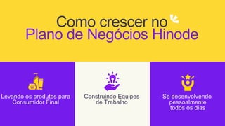 Plano de Negócios Hinode
Como crescer no
Levando os produtos para
Consumidor Final
Construindo Equipes
de Trabalho
Se desenvolvendo
pessoalmente
todos os dias
 