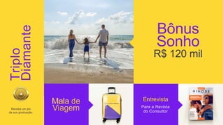 Mala de
Viagem
Entrevista
Para a Revista
do Consultor
Bônus
Sonho
R$ 120 mil
Receba um pin
da sua graduação.
Triplo
Diamante
 