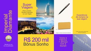 R$ 200 mil
Visita à
Fábrica
+ almoço
com a
equipe
Experiência
de compra na
sua viagem
*Visita a loja premium selecionada
para uso do gift card
Super
Viagem
Bônus Sonho
Para o Dubai,
Riviera Francesa
ou Las Vegas
imagens e marcas meramente ilustrativas
Receba um pin
da sua graduação.
Imperial
Diamante
 