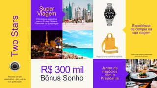 Receba um pin
celebrativo + pin joia da
sua graduação
Two
Stars
R$ 300 mil Jantar de
negócios
com o
Presidente
Experiência
de compra na
sua viagem
*Visita a loja premium selecionada
para uso do gift card
Super
Viagem
Bônus Sonho
Em classe executiva
para o Dubai, Riviera
Francesa ou Las Vegas
imagens e marcas meramente ilustrativas
 