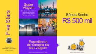 Five
Stars
Experiência
de compra na
sua viagem
R$ 500 mil
Super
Viagem
Em classe executiva com
experiência premium
para o Dubai, Riviera
Francesa ou Las Vegas Bônus Sonho
imagens e marcas meramente ilustrativas
*Visita a loja premium selecionada para uso do gift card
Receba um pin
celebrativo + pin joia da
sua graduação
 