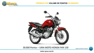 2 PRÊMIO POR VOLUME DE PONTOS
30.000 Pontos – UMA MOTO HONDA FAN 150 Imagem meramente ilustrativa
PRÊMIOS POR VOLUME DE PONTOS DO BINÁRIO
 