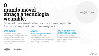 O
mundo móvel
abraça a tecnologia
wearable.
O mercado do wearable está crecendo em uma proporção
5 vezes mais rápida do que o do smartphone.
WEARABLE.
Forrester prevê que o
mercado para empresas que
forneçam wearables será
maior do que o mercado
consumidor nos próximos
cinco anos.
MÓVEL
é um comportamento.
É um estilo de vida
e uma expectativa que
as empresas devem abraçar
para atingir o sucesso.
MÍDIA enriquece a
experiência de vida.
Nenhuma tecnologia
prospera sem os aplicativos
certos, jogos, smart tv,
filmes, etc.
21
 