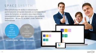 Uma plataforma de mídia e comunicação
perfeitamente integrada baseada no sistema cloud
capaz de fornecer ao usuário uma experiência
incomparável onde quer que esteja e em qualquer
dispositivo - de um PC ou MAC, a um Tablet ou
Smartphone.
MEET
WORKS
VoIP
WIRELESS
POSTCARD
ONLINE OFFICE
DISPONÍVEL AGORA PRÓXIMOS RECURSOS
CINEMA
TV
LIVROS
EDUCACIONAL
JOGOS
30
 