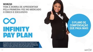 O PLANO DE
COMPENSAÇÃO
QUE PAGA MAIS
WOR(l)D
TEM A HONRA DE APRESENTAR
PELA PRIMEIRA VEZ NO MERCADO
O ÚNICO E EXCLUSIVO
46
As ilustrações a seguir são apenas para fins educacionais e não se destinam a servir
de garantia de renda. O sucesso neste negócio exige muito trabalho, dedicação e boas
habilidades de vendas. O participante médio neste negócio ganha entre US$ 500 e US$
2.000 por ano. Alguns ganham menos enquanto outros ganham muito mais.
 