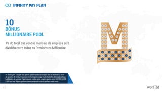 10
BÔNUS
MILLIONAIRE POOL
1% do total das vendas mensais da empresa será
dividido entre todos os Presidentes Millionaire.
56
As ilustrações a seguir são apenas para fins educacionais e não se destinam a servir
de garantia de renda. O sucesso neste negócio exige muito trabalho, dedicação e boas
habilidades de vendas. O participante médio neste negócio ganha entre US$ 500 e US$
2.000 por ano. Alguns ganham menos enquanto outros ganham muito mais.
 