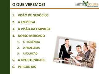 O QUE VEREMOS!

1. VISÃO DE NEGÓCIOS
2. A EMPRESA
3. A VISÃO DA EMPRESA
4. NOSSO MERCADO
  1.   A TENDÊNCIA
  2.   O PROBLEMA
  3.   A SOLUÇÃO

5. A OPORTUNIDADE
6. PERGUNTAS
 