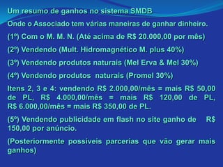 Um resumo de ganhos no sistema SMDB
Onde o Associado tem várias maneiras de ganhar dinheiro.
(1º) Com o M. M. N. (Até acima de R$ 20.000,00 por mês)
(2º) Vendendo (Mult. Hidromagnético M. plus 40%)
(3º) Vendendo produtos naturais (Mel Erva & Mel 30%)
(4º) Vendendo produtos naturais (Promel 30%)
Itens 2, 3 e 4: vendendo R$ 2.000,00/mês = mais R$ 50,00
de PL, R$ 4.000,00/mês = mais R$ 120,00 de PL,
R$ 6.000,00/mês = mais R$ 350,00 de PL.
(5º) Vendendo publicidade em flash no site ganho de       R$
150,00 por anúncio.
(Posteriormente possíveis parcerias que vão gerar mais
ganhos)
 