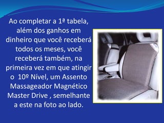 Ao completar a 1ª tabela,
    além dos ganhos em
dinheiro que você receberá
   todos os meses, você
   receberá também, na
primeira vez em que atingir
 o 10º Nível, um Assento
 Massageador Magnético
Master Drive , semelhante
   a este na foto ao lado.
 