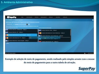 Exemplo de seleção de meio de pagamento, sendo realizado pelo simples arraste com o mouse do meio de pagamento para a outra tabela de ativação. 