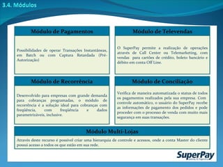 Possibilidades de operar Transações Instantâneas, em Batch ou com Captura Retardada (Pré-Autorização) Módulo de Pagamentos O SuperPay permite a realização de operações através de Call Center ou Telemarketing, com vendas  para cartões de crédito, boleto bancário e débito em conta Off Line. Módulo de Televendas Desenvolvido para empresas com grande demanda para cobranças programadas, o módulo de recorrência é a solução ideal para cobranças com freqüência, com freqüência e dados parametrizáveis, inclusive. Módulo de Recorrência Verifica de maneira automatizada o status de todos os pagamentos realizados pela sua empresa. Com  controle automático, o usuário do SuperPay recebe as informações de pagamento dos pedidos e pode proceder com o processo de venda com muito mais segurança em suas transações. Módulo de Conciliação Através deste recurso é possível criar uma hierarquia de controle e acessos, onde a conta Master do cliente possui acesso a todos os que estão em sua rede. Módulo Multi-Lojas 