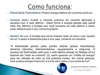  Painel Solar Fotovoltaico: Produz energia elétrica em corrente contínua;
 Inversor Solar: Inverte a corrente contínua em corrente alternada e
equaliza com a rede elétrica - Desta forma a energia gerada pelo painel
solar fica idêntica a energia que você consome da rede elétrica e assim
pode utilizá-la para o seu consumo próprio;
 Quadro de Luz: A energia que sai do inversor solar vai para o seu "quadro
de luz" e assim é distribuída para a sua casa, comércio ou indústria.
“A Eletricidade gerada pelos painéis solares (placas fotovoltaicas)
alimenta utensílios, eletrodomésticos, equipamentos e máquinas. O
excesso de Eletricidade volta para a rede elétrica através do Relógio de luz
fazendo ele "rodar ao contrario" (2), assim gerando um "crédito de energia“
para ser utilizado de noite ou nós próximos meses. Em outras palavras:
você produz energia limpa com a luz do sol e reduz a sua conta de luz!”
 