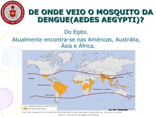 DE ONDE VEIO O MOSQUITO DA DENGUE(AEDES AEGYPTI)? Do Egito. Atualmente encontra-se nas Américas, Austrália, Ásia e África.  